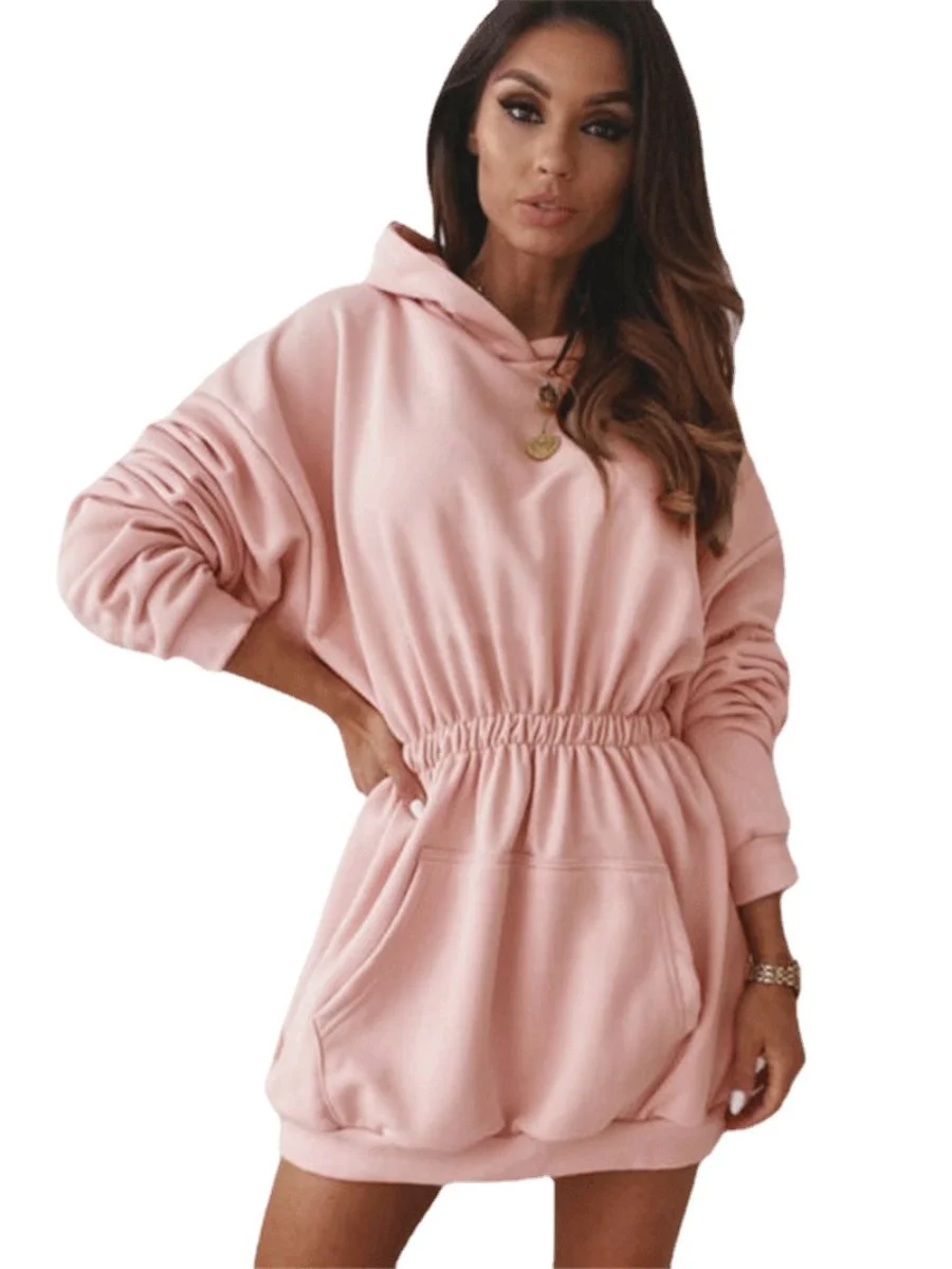 Plus Size Dress Long Sleeve Elastic Tunic Pocket Mini Hoodie Dress