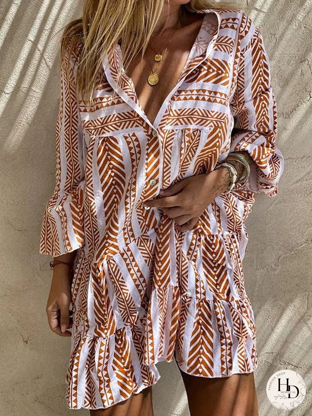 Women'S Dresses Printed Button Long Sleeve Mini Dress