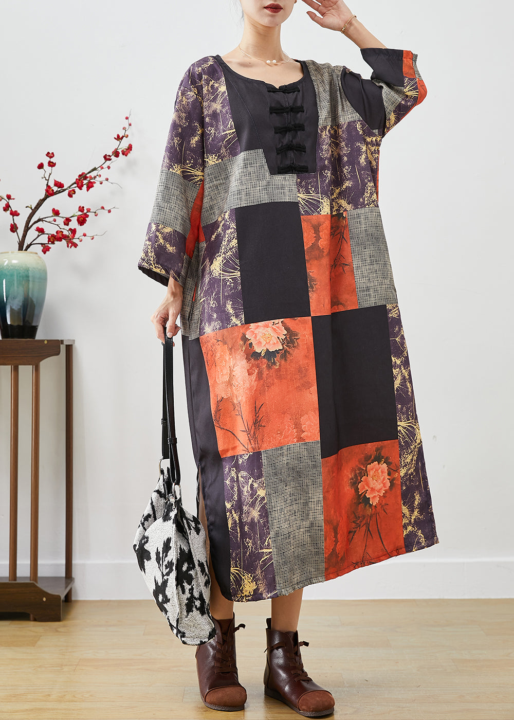 VCSHOES Colorblock Oversized Patchwork Print Linen Long Dresses Fall
