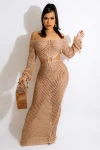 Hollow Out Knit Cover Ups V Neck Long Sleeve Maxi Dresses