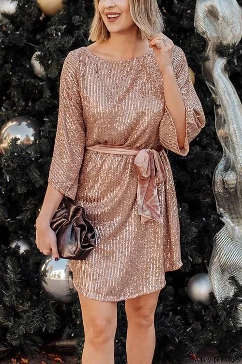 Sequin Belted Long Sleeve Mini Dress
