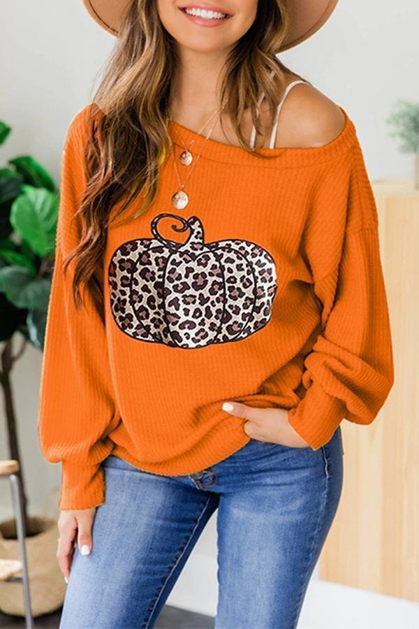 Leopard Pumpkin Print Off Shoulder Sweatshirt-Allyzone-Allyzone