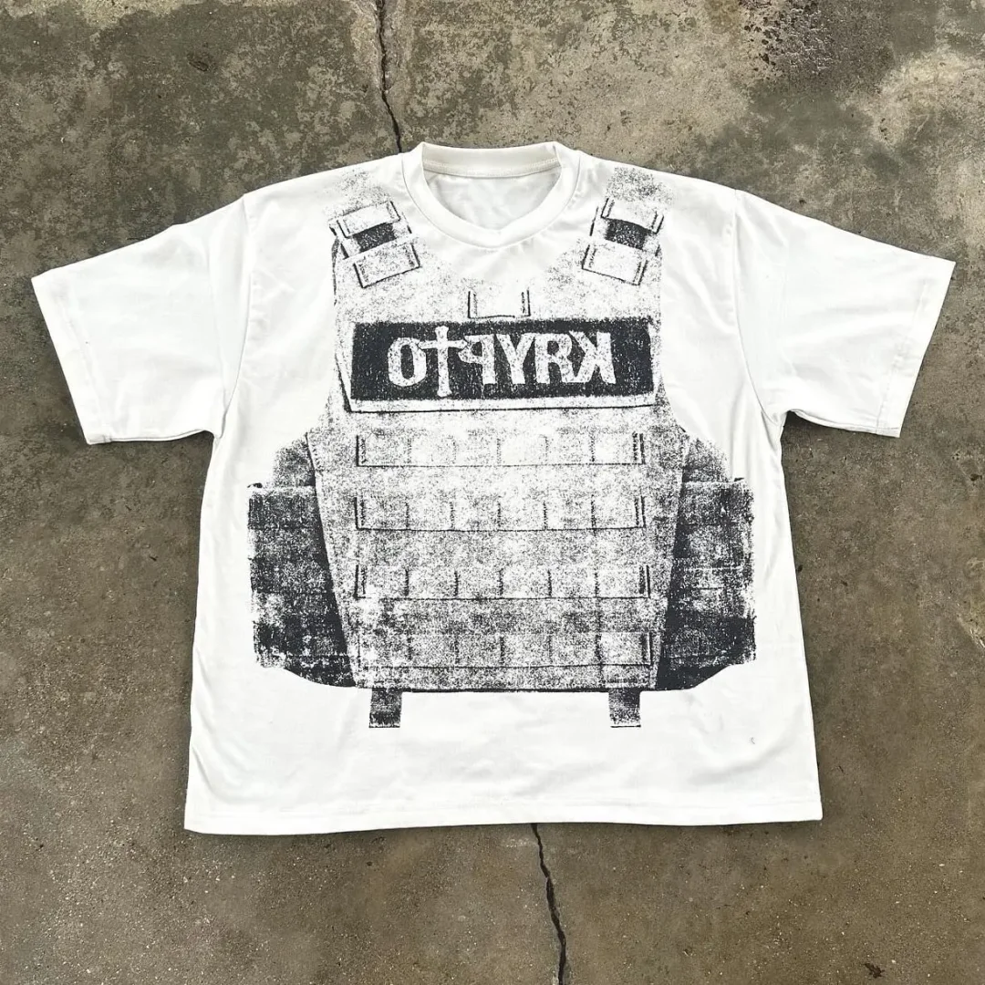 Aonga Cotton hip-hop personality pattern printed O-neck short-sleeved T-shirts men's y2k clothing 2000s summer new casual couple tops aonga