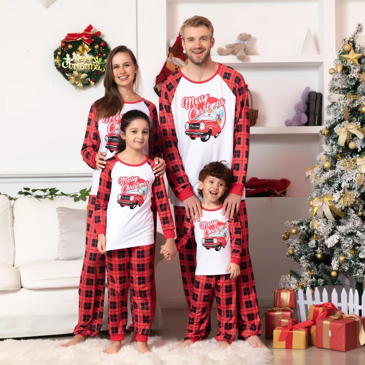 Merry Christmas Santa and Car Cartoon Print Red Plaid Family Matching Pajamas Sets
