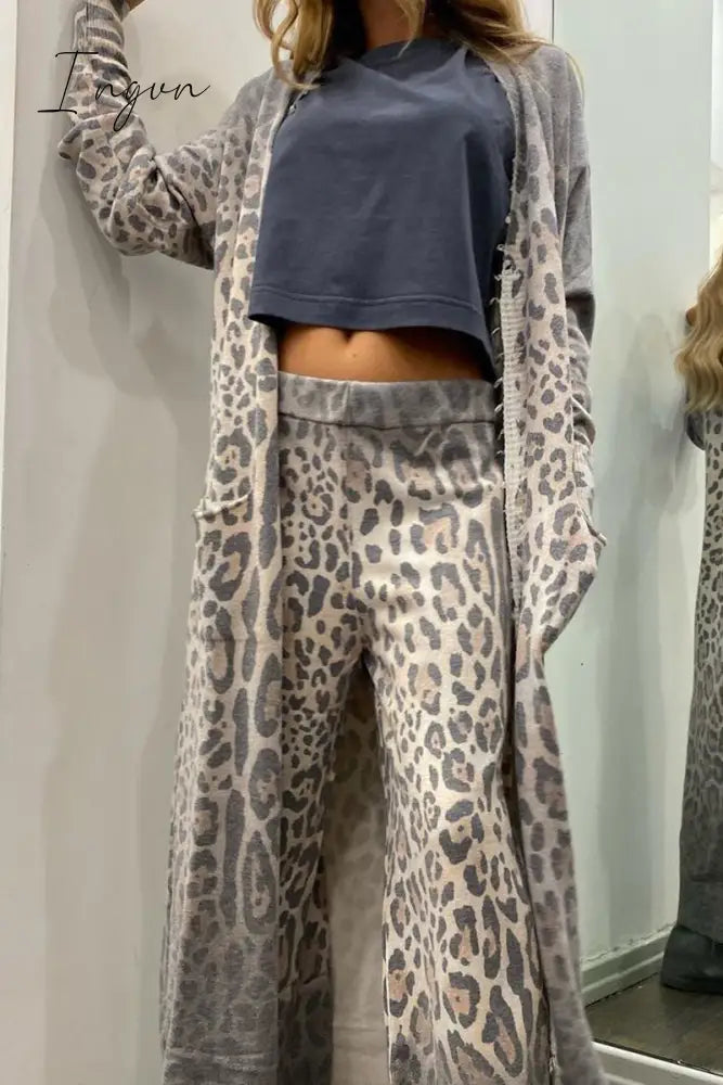 Casual Print Leopard Pocket Cardigan Collar Long Sleeve Two Pieces / S Pieces/Two-Piece Pants Set