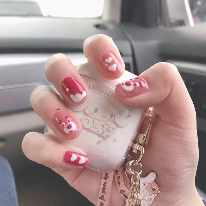 24pcs Small Floral Printed False Nails Patch Glue Type Short Paragraph Fashion Manicure Natural Artificial Ballerina Fake Nails-Nail Inspo