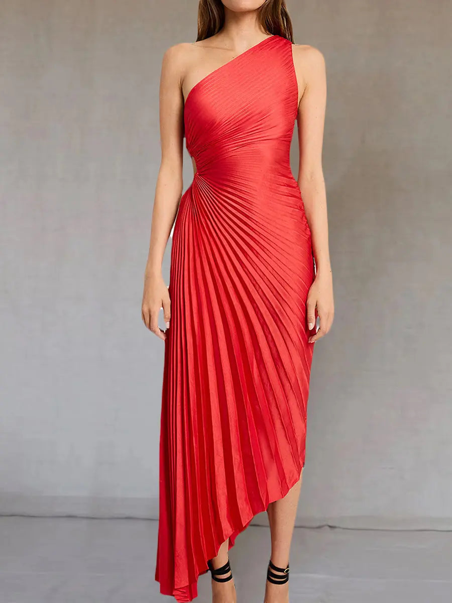 Sloping Shoulder Sleeveless Pleated Maxi Dress