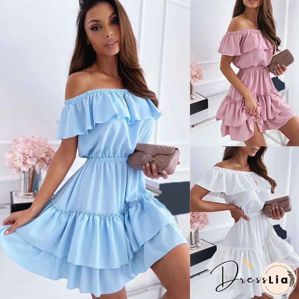 Slash Neck Elegant Dresses for Women Ruffles Decor Patchwok Summer Party Dress Vestidos Ladies Dresses