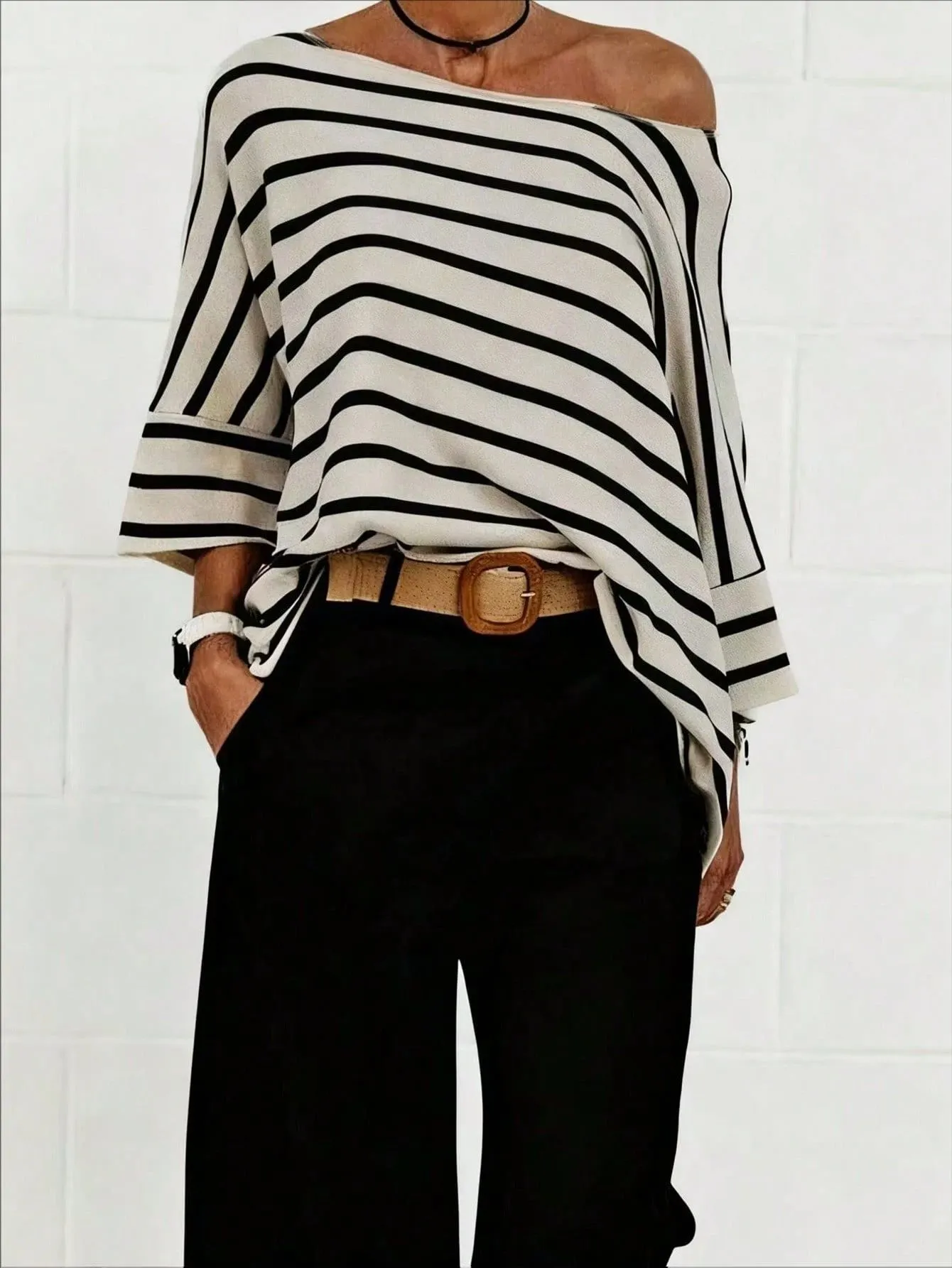 Women's Off Shoulder Striped Top 3/4 Sleeve Loose Casual Blouse