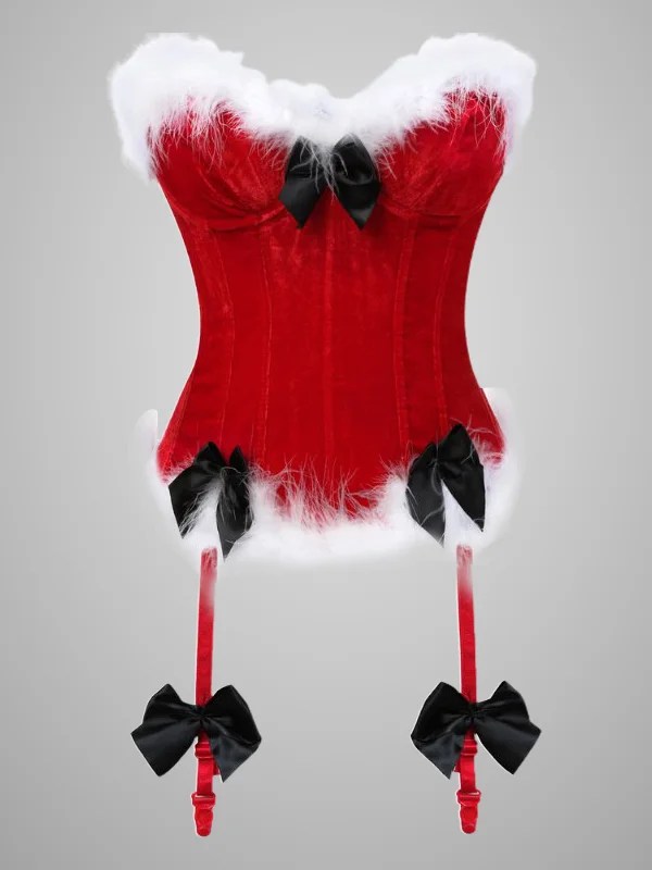 Vintage Fluffy Paneled Bowknots Decorated Corset with Garters