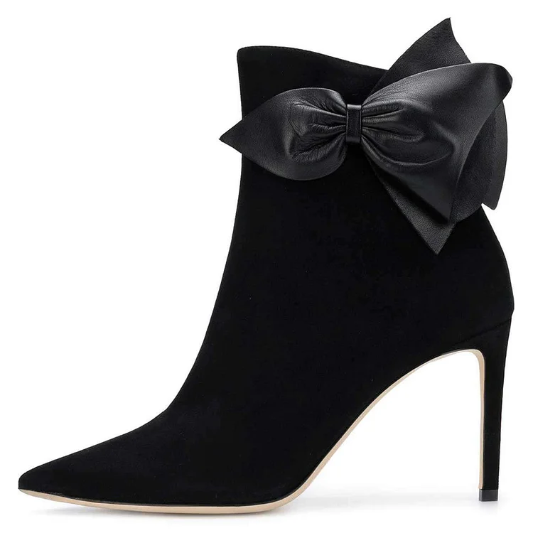 Black Suede Bow Stiletto Heel Ankle Boots |FSJ Shoes