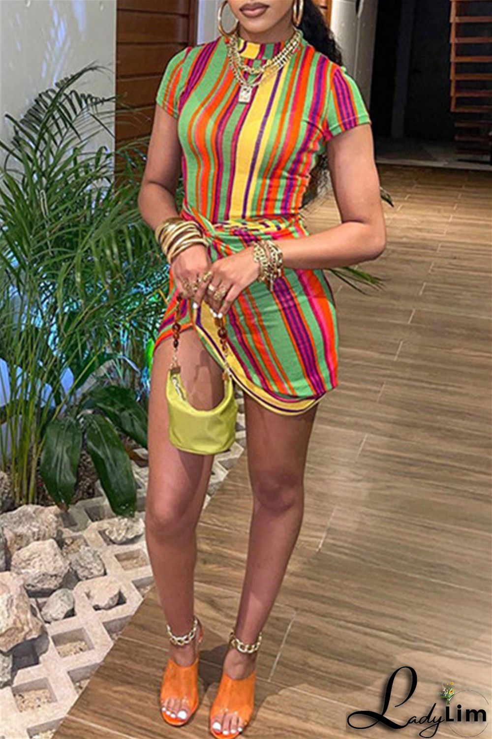 Orange Fashion Casual Striped Print Split Joint Half A Turtleneck Short Sleeve Dress