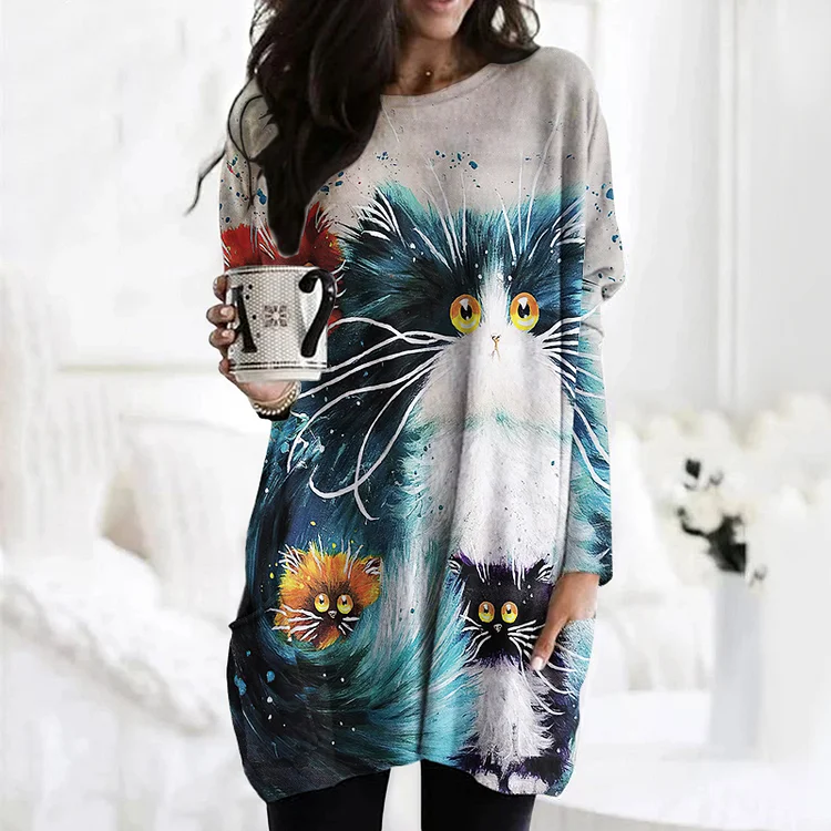 Wearshes Cat Print Long Sleeve Pocket Tunic