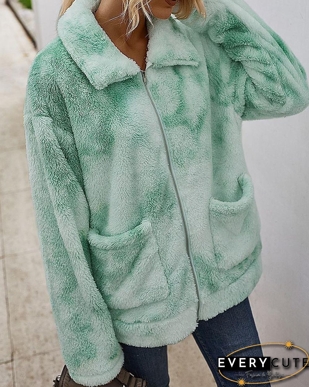 Tie Dye Print Fluffy Pockets Teddy Coat