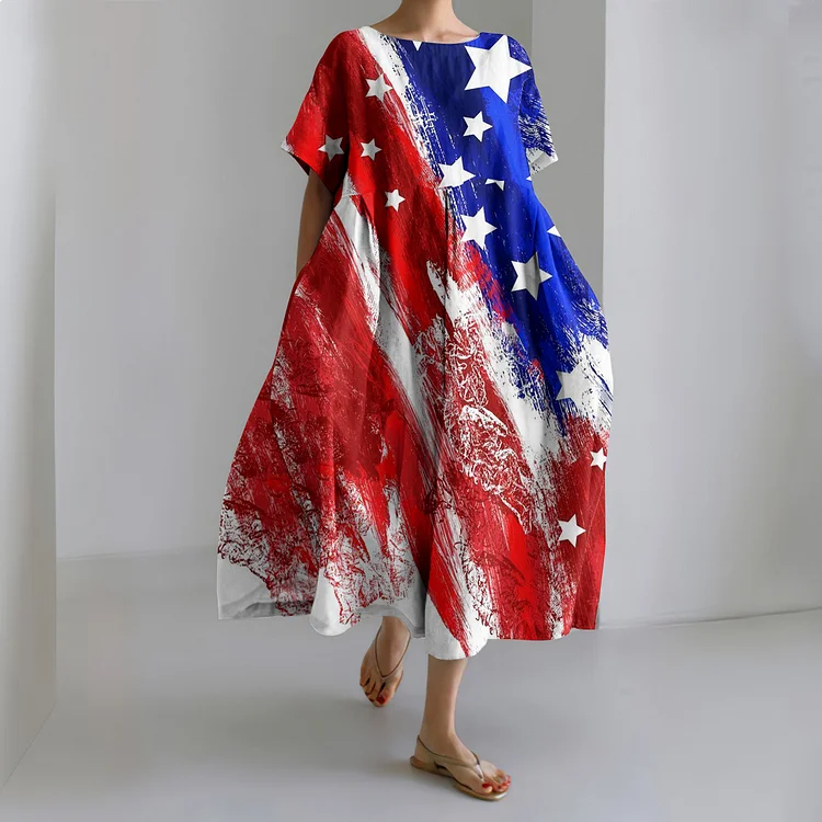 American Flag Print Loose Midi Dress