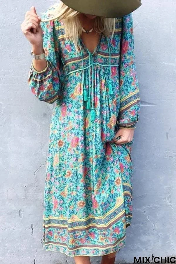 Bohemian Floral Print V-Neck Balloon Sleeves Holiday Midi Dress