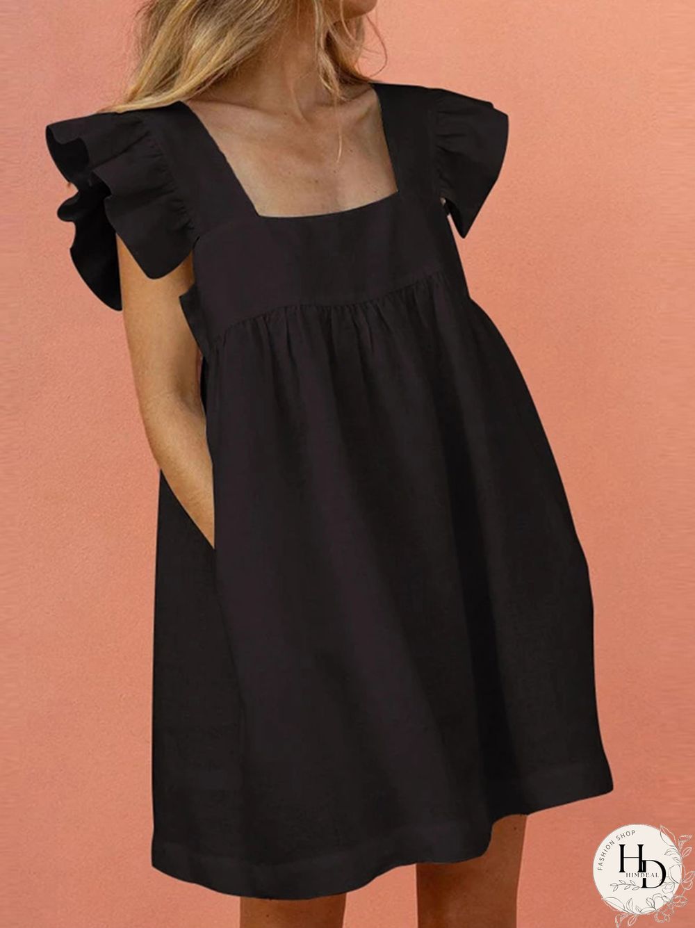 Women Ruffled Mini Dress Summer Cute Square Collar Pocket Dresses Elegant Butterfly Sleeve Beach Party Female Dresses Vestidos