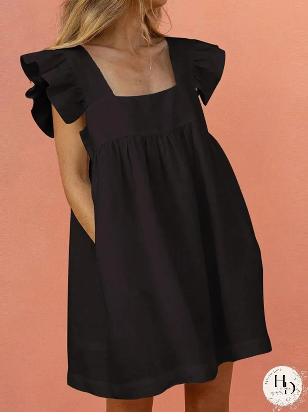 Women Ruffled Mini Dress Summer Cute Square Collar Pocket Dresses Elegant Butterfly Sleeve Beach Party Female Dresses Vestidos