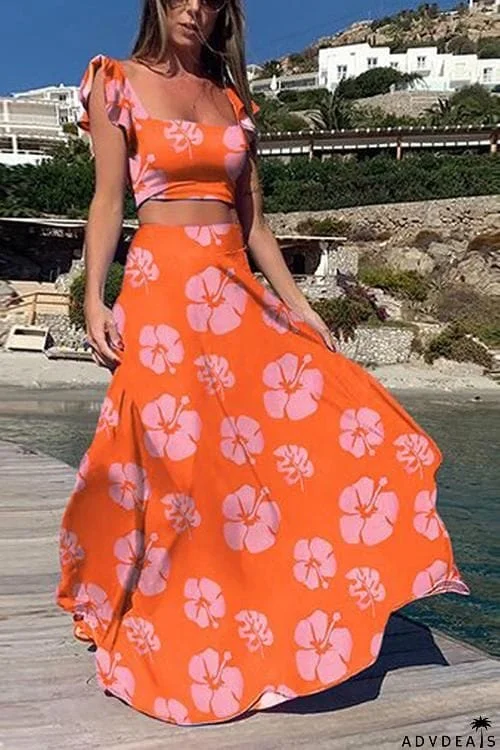 Print Bow Tie Crop Maxi Skirts Set