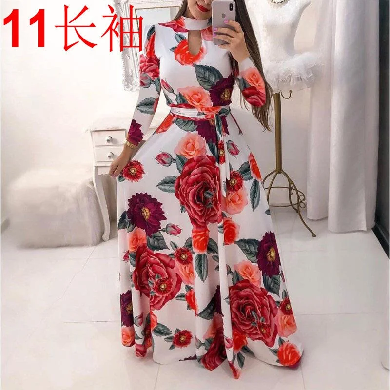 2021 Spring Autumn Bohemia Flower Print Women's Dress Cuasla Hollow Out Long Sleeve Maxi Dresses Fashion Tunic Party Dress Vesti