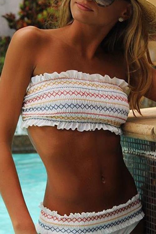 Stylish Geometric Print White Two-piece Swimsuit-elleschic