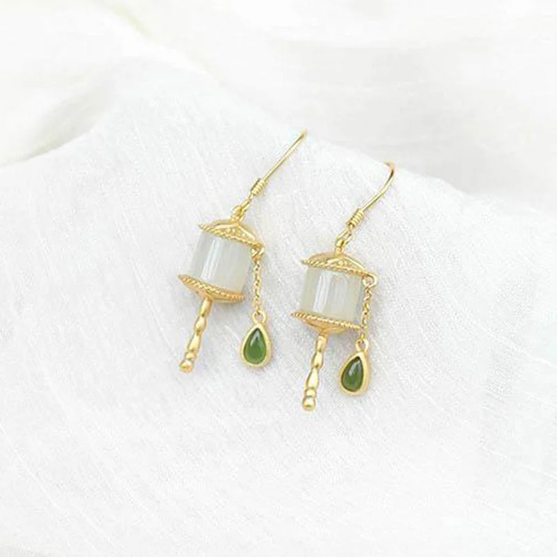 925 Sterling Silver Jade Prayer Wheel Luck Drop Earrings