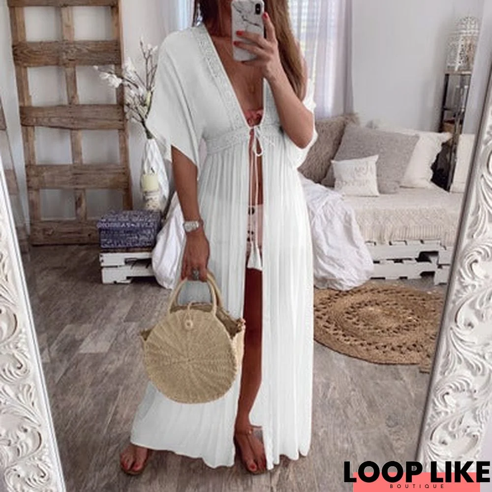 Summer Lace Cardigan Solid Color Holiday Style Dress Long Skirt