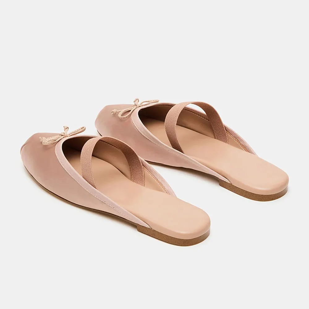 Pink Satin Closed Toe Bow Elastic Straps Slip On Mules Shoes