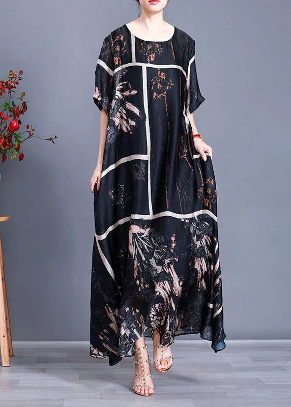 Modern Black Print Satin Maxi Dress Plus Size Patchwork Caftan