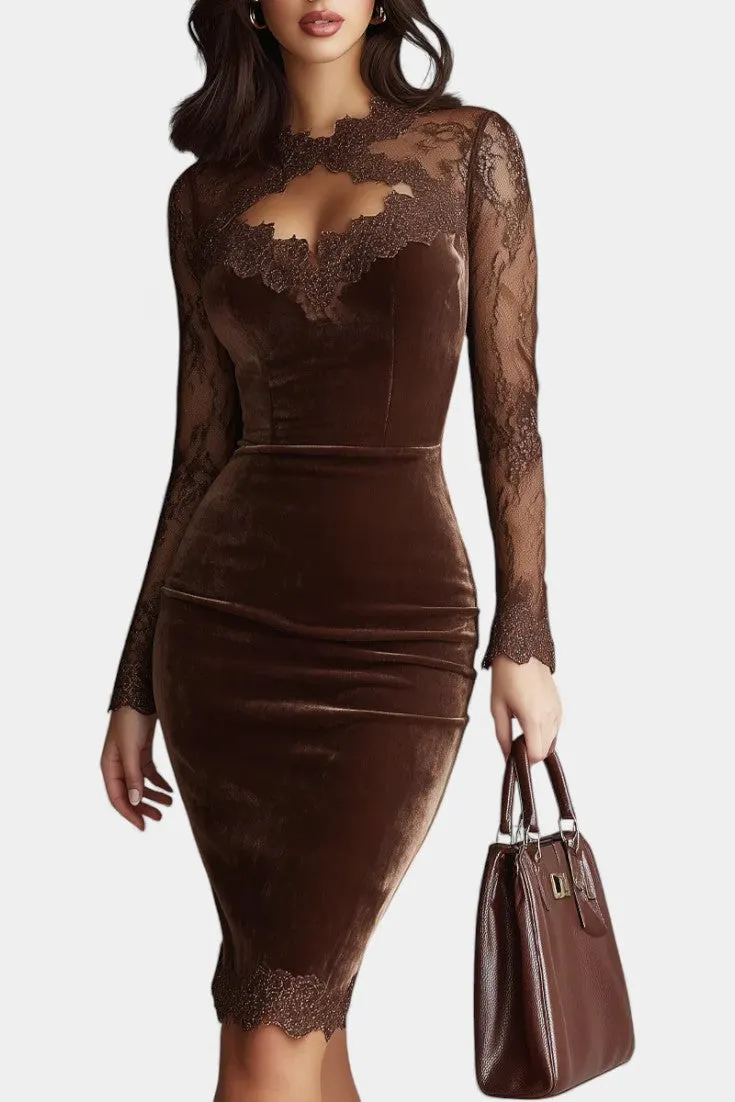 Velvet Mini Dress with Lace Overlay and Long Sleeves
