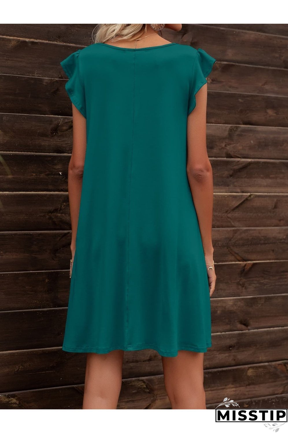 Round Neck Flutter Sleeve Dress with Pockets