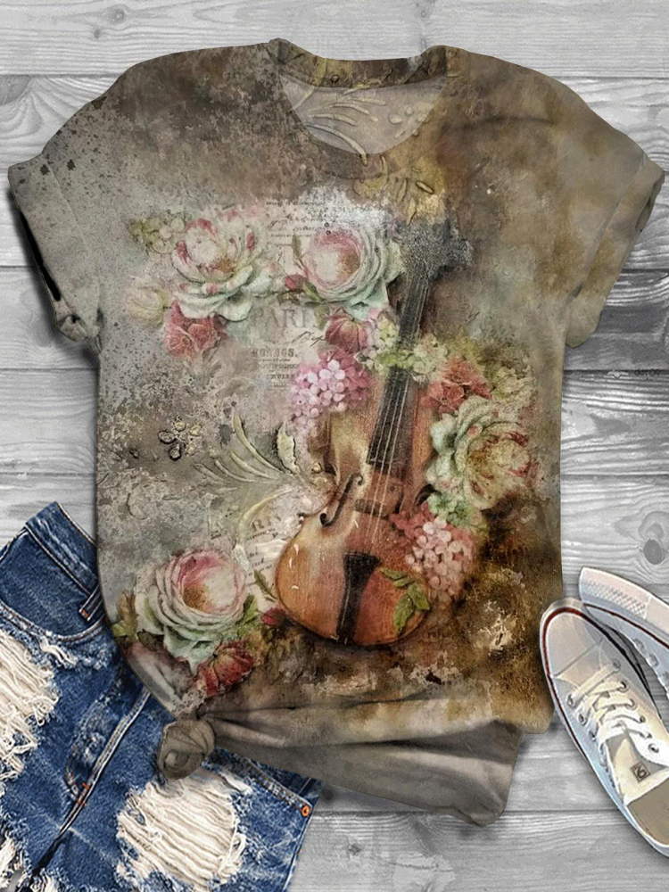 Violin Flower Print Crew Neck T-Shirt