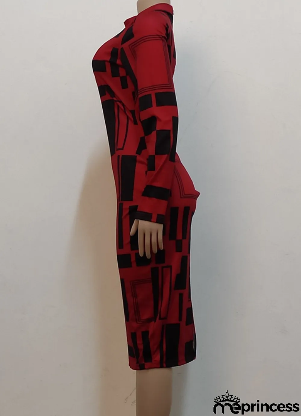 Women Spring Red Modest Turtleneck Full Sleeves Geometric Print Midi Bodycon Dress