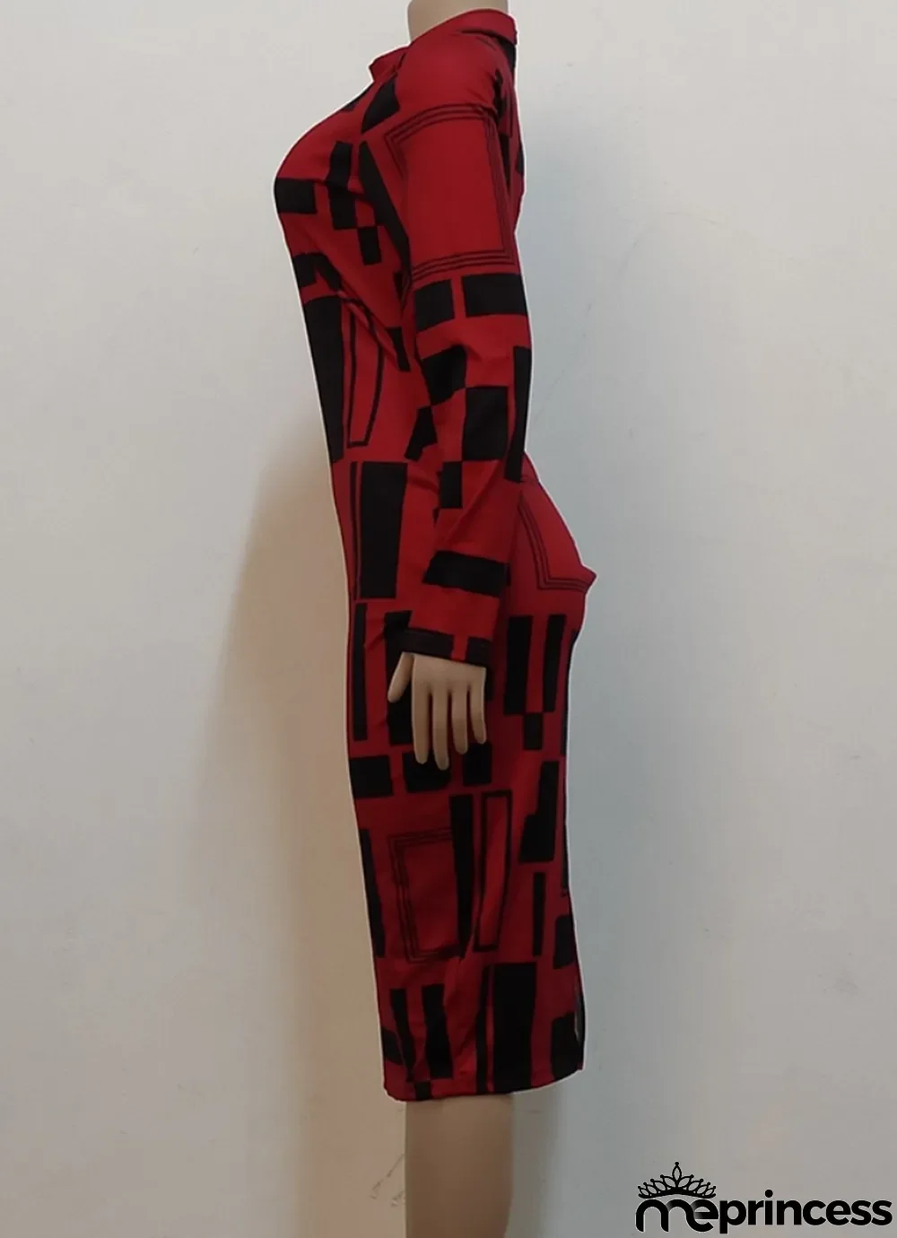 Women Spring Red Modest Turtleneck Full Sleeves Geometric Print Midi Bodycon Dress