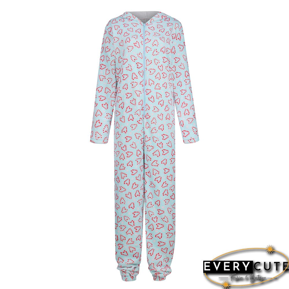 Light Blue Christmas Printed Hooded Zipper Lounge Jumpsuit