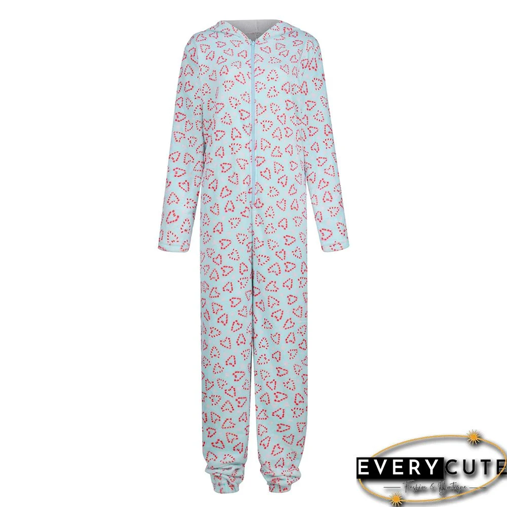 Light Blue Christmas Printed Hooded Zipper Lounge Jumpsuit
