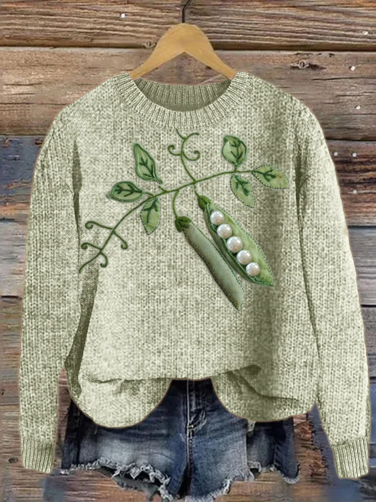 VChics Peas Pearl Beaded Embroidery Art Cozy Knit Sweater
