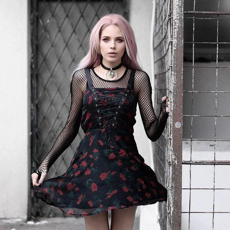 GOTH VINTAGE FLORAL PRINTED LACE UP BLACK MINI DRESS