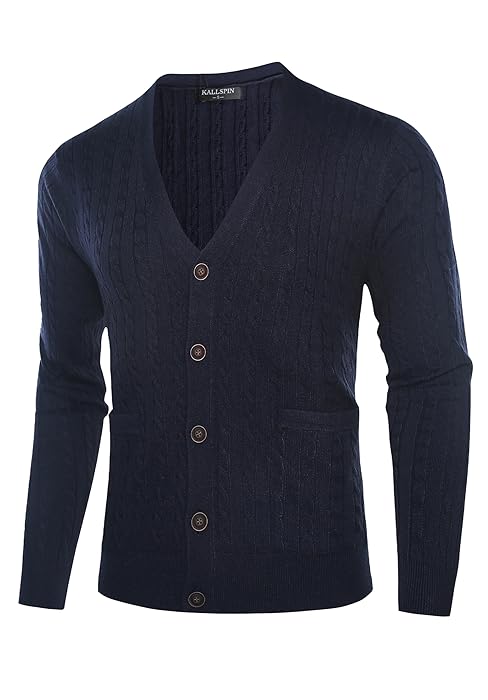 Kallspin Men's Cardigan Sweater Wool Blend Cable Knit V Neck Buttons Cardigan with Pockets