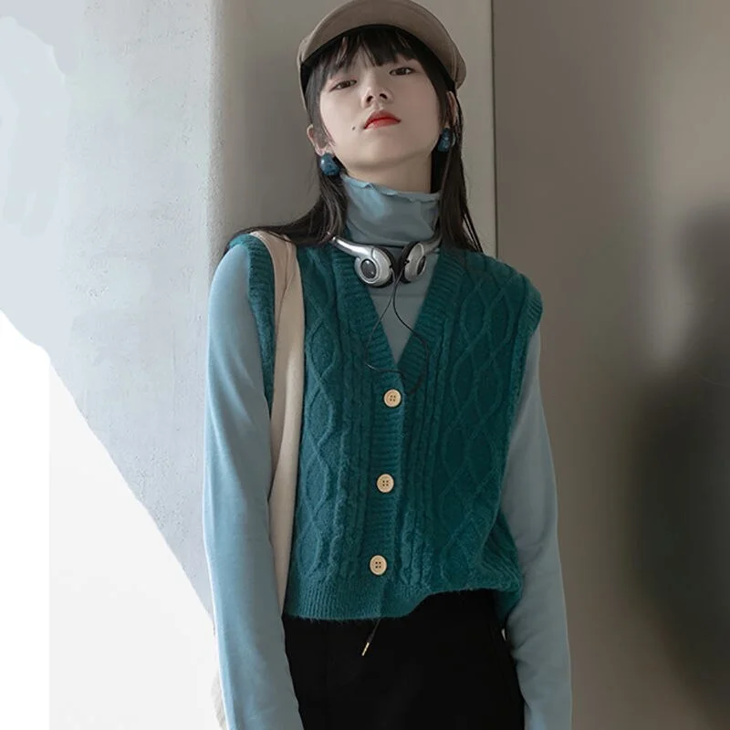 Women Sweater Vest Fresh Lovely Students Hong Kong Style Retro Outwear Gentle Ulzzang V-neck Single Breasted Leisure Fashion Ins