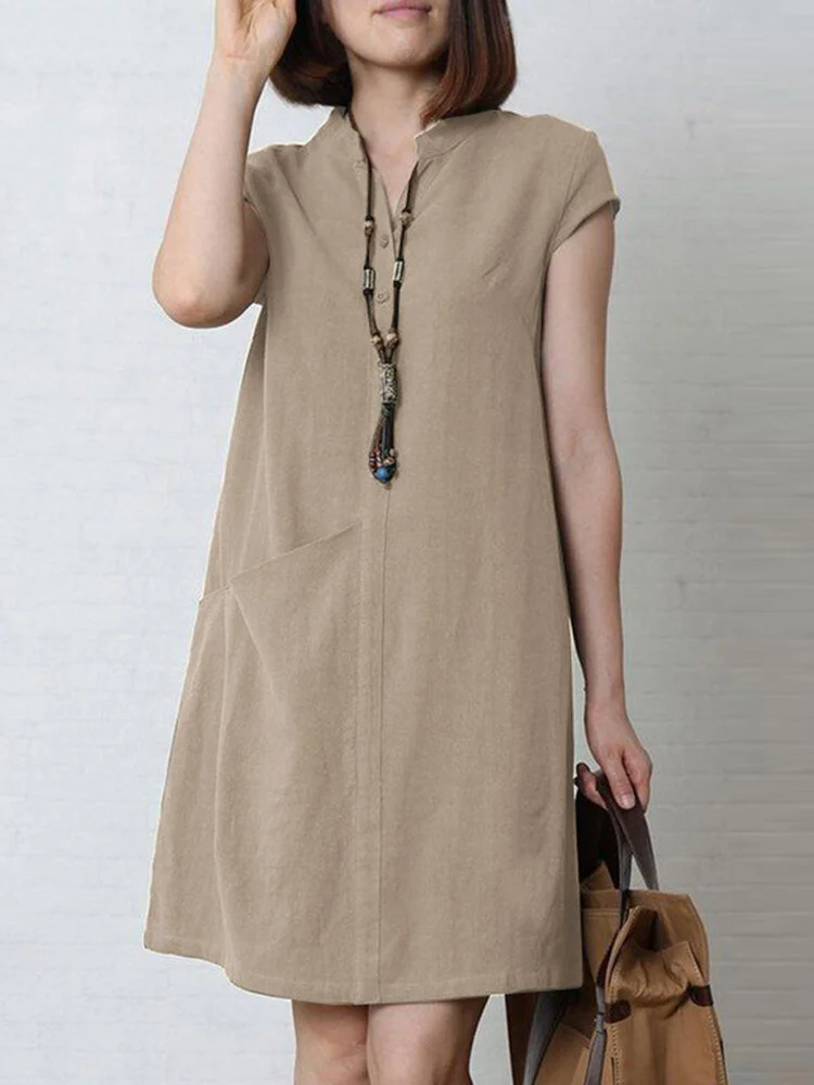 Solid Pocket Short Sleeve V-neck Dress For Women