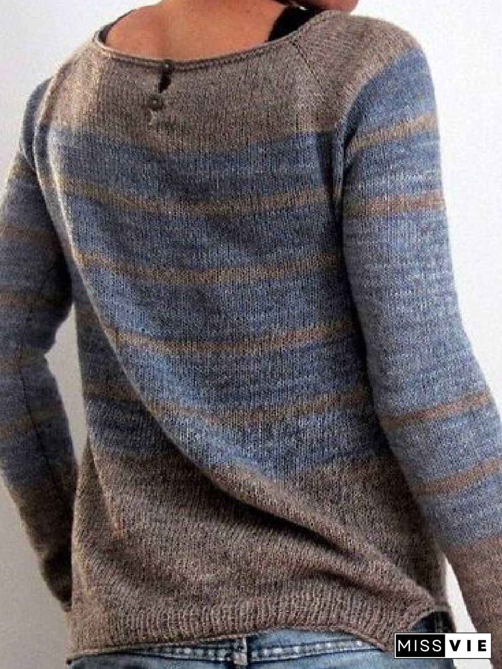 Blue Casual Knitted Round Neck Sweater