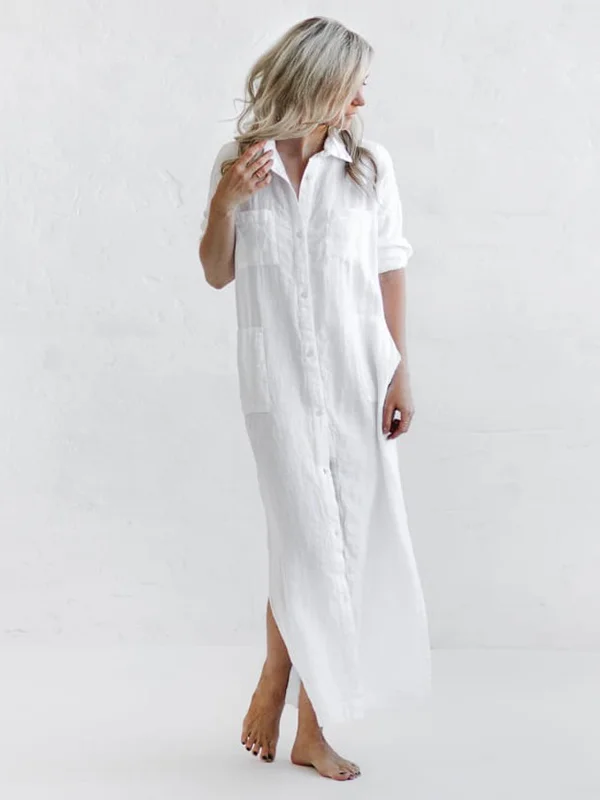 Simple Solid Split-Side Lapel Long Shirt Dress