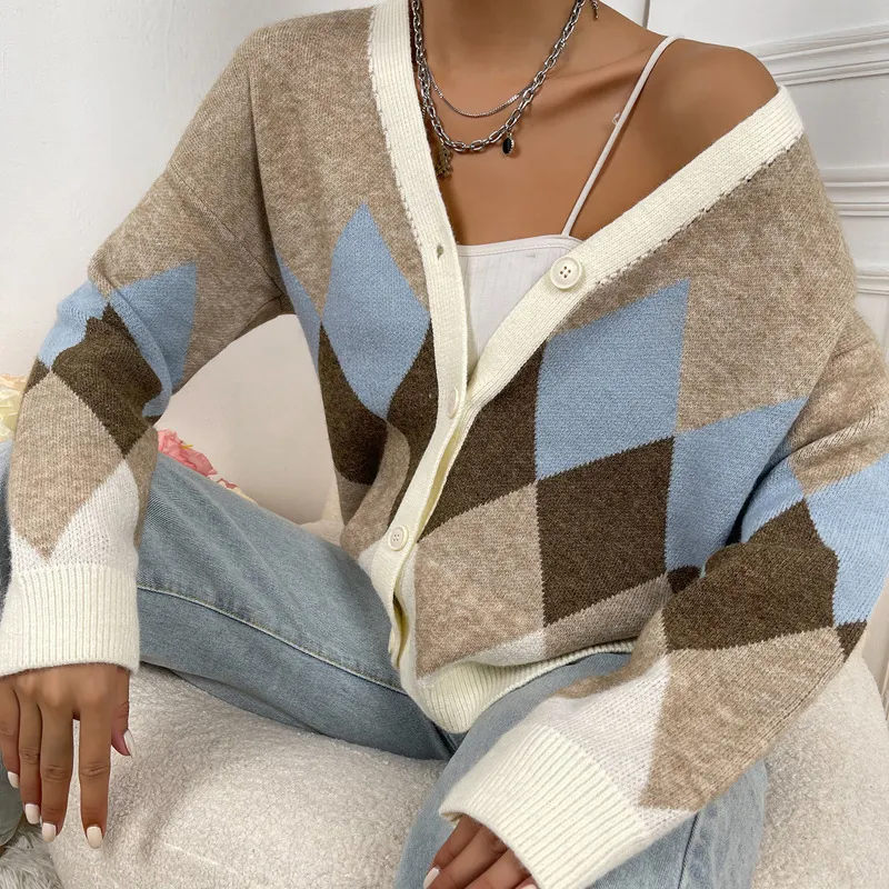 Color Block Argyle V Neck Button Knit Cardigan