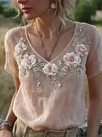 Bohemian Retro Style Plant Flower Design Women's  Linen Short-sleeve Shirt