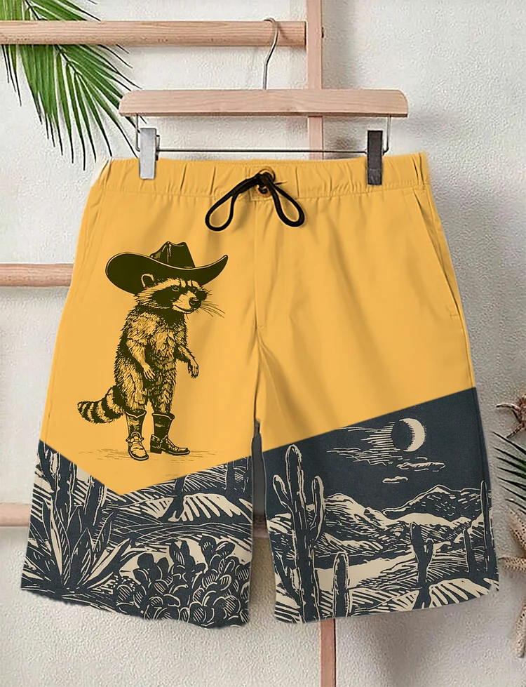 Men's Western Style Raccoon Art Print Beach Casual Shorts