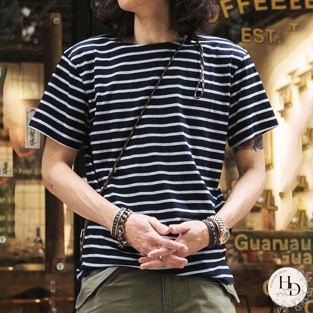 French Sailor Style Boat Neck Breton Striped Short-Sleeved T