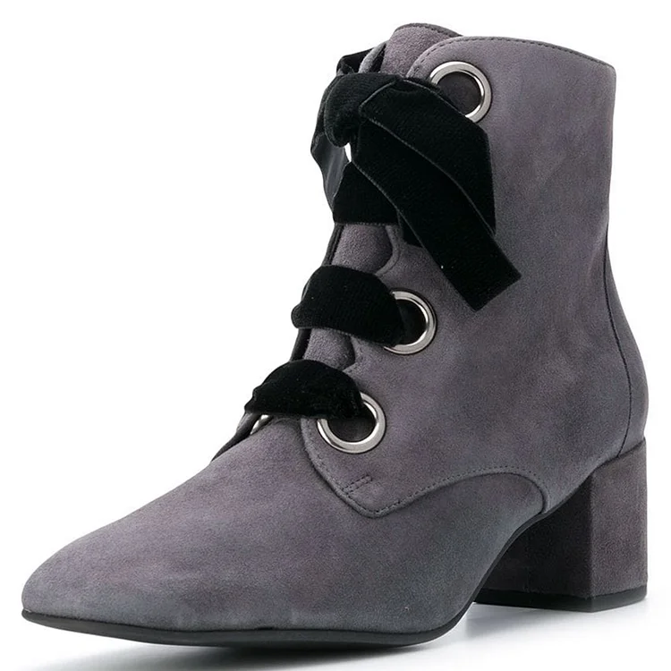 Dark Grey Vegan Suede Lace Up Block Heels Ankle Boots |FSJ Shoes