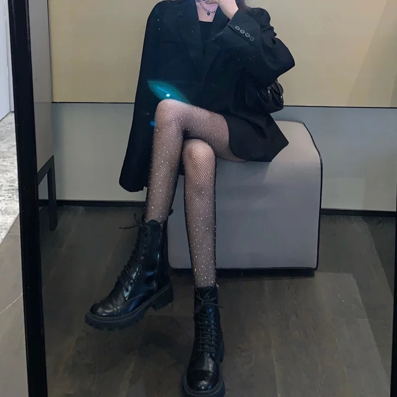 Brownm [With Diamonds] Black Stockings Women Thin Ins Tide Sexy Hollow Fishing Net Socks Spring Hot Diamond Crystals Even Foot Socks