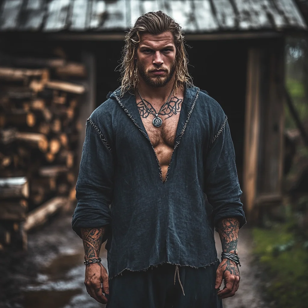  Viking-Inspired Open-Front Hooded Shirt with Tribal Tattoo Design-inspireuse
